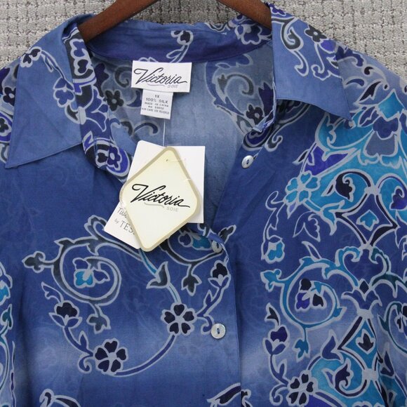 Vintage Victoria SOIE Silk Shirt Womens 1X Purple Button Down Floral Pattern NWT - Picture 5 of 9